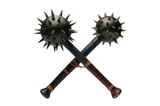 Two spiked maces crossed with dark leather handles and brown twine bindings isolated on a transparent background