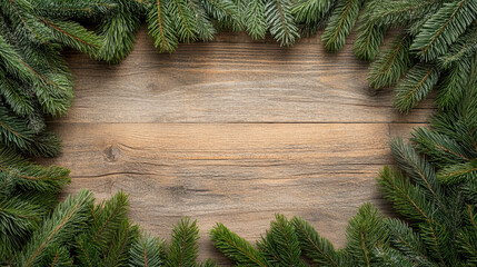 Evergreen pine wreath wooden background festive frame natural rustic holiday scene