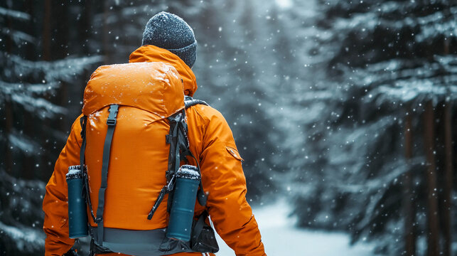 A tourist in an orange winter jacket with a backpack and ski poles standing in a snowy forest. Tourism, sports, and travel.