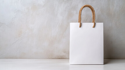 White paper bag with rope handle on textured neutral background, minimalist elegant mood