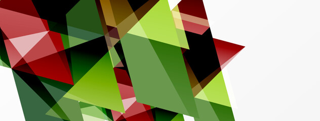 Abstract geometric shapes overlap, creating dynamic composition. Greens, reds dominate with white space. Modern design elements present.