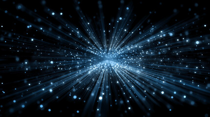 Naklejka premium Diverging blue light lines and many glowing dots on a black background.