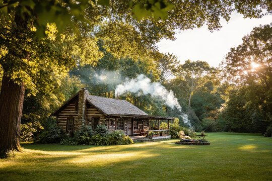 Rustic Log Cabin with Smoke Emerging Amidst Lush Greenery and Bright Sunlight - Powered by Adobe
