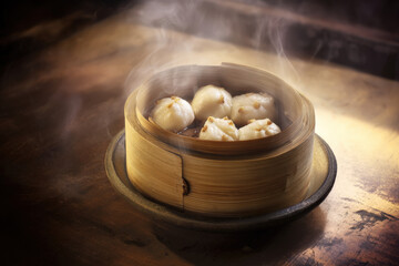 Steaming Hot Xiao Long Bao in Bamboo Steamer on Rustic Wooden Table, Traditional Chinese Cuisine, Dim Sum, Asian Food Photography