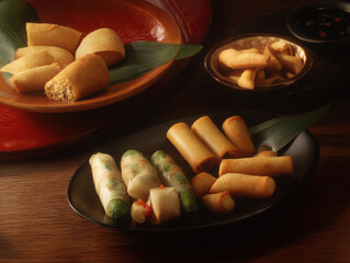 Variety of Asian Spring Rolls and Dumplings Served on Plates with Dipping Sauce, Featuring Fried and Fresh Rolls, Perfect for Appetizers or a Shared Meal