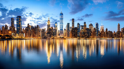 Obraz premium City skyline reflected in water at twilight with glowing windows and calm mood