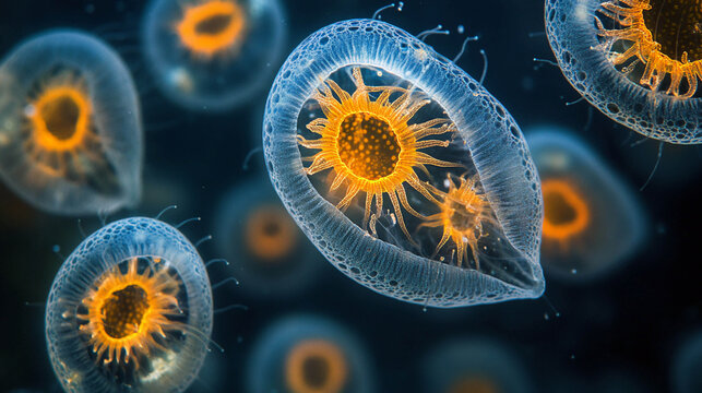 Cells or microorganisms with bright orange nuclei and transparent shells, connected by thin filaments. Biology, science, medicine.