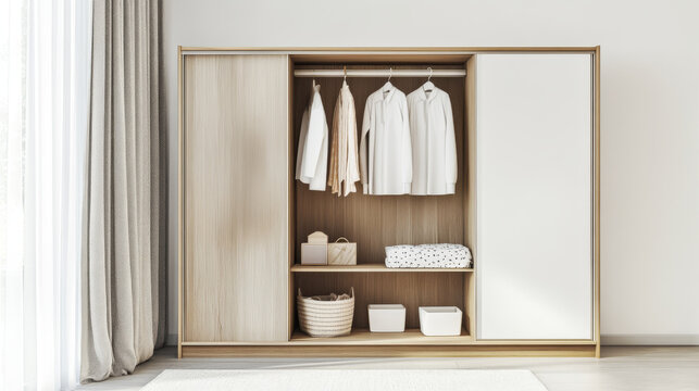 Modern wardrobe interior offers stylish and organized storage. Clean lines and natural wood create a minimalist aesthetic.