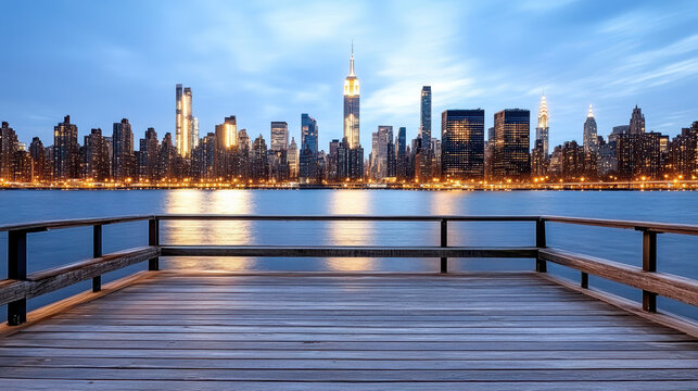 Manhattan skyline twilight waterfront pier reflection cityscape - Powered by Adobe