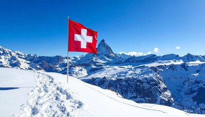 Swiss flag flying over snowy alpine peaks