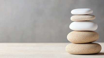 Smooth pebble stack balanced on neutral surface conveying calm and focus
