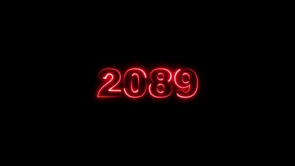 2089 neon line text. Abstract 2089 neon text animation, Glowing neon number text background 4k animation. Concept of counting years.