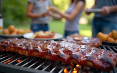 Juicy BBQ ribs grilling outdoors, family enjoying meal. High quality