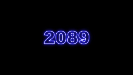 2089 neon line text. Abstract 2089 neon text animation, Glowing neon number text background 4k animation. Concept of counting years.