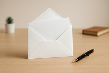 Minimal white envelope being opened on a wooden desk, business communication and email marketing concept

