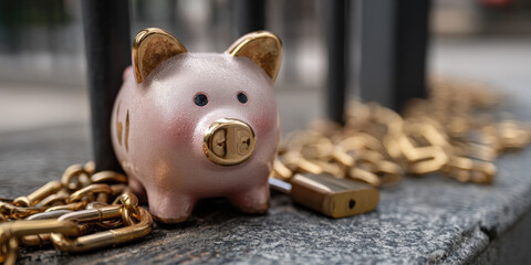 Pink Piggy Bank with Golden Accents Surrounded by Gold Chain and Padlock, Financial Security and Savings Concept