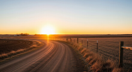 Fototapeta premium Golden Sunset Over Winding Country Dirt Road and Fields