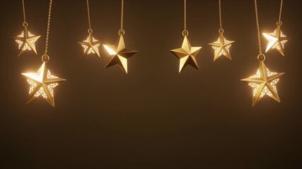 A row of gold stars hanging from the ceiling. The stars are all the same size and are evenly spaced - Powered by Adobe
