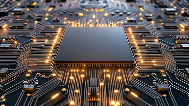 Black microchip circuit board glowing with warm lights and intricate traces