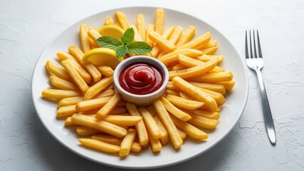 Golden french fries served on a white plate with a small bowl of ketchup and lemon slice