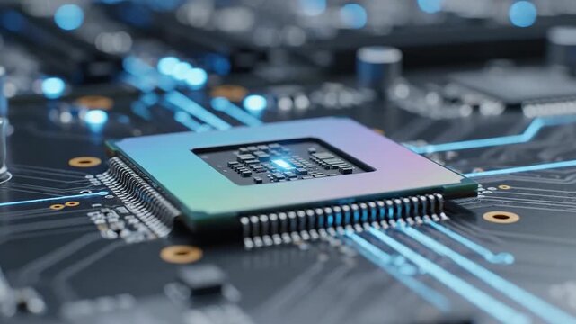 Close up view of an intricate computer circuit board with a central processor glowing with subtle blue energy
