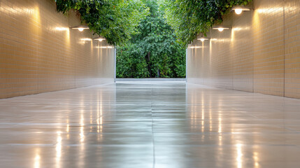 Minimal empty passageway with soft glowing wall lights and green foliage at exit