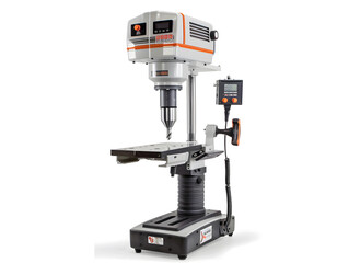 Fototapeta premium Industrial drill press machine with adjustable table and digital controls on white background