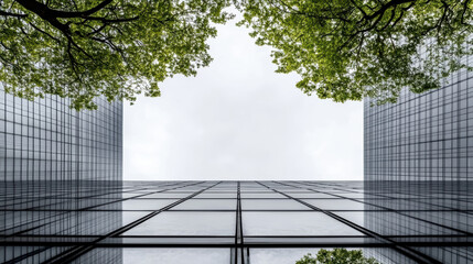Glass skyscraper facade with green tree canopy framing bright sky, calm urban contrast