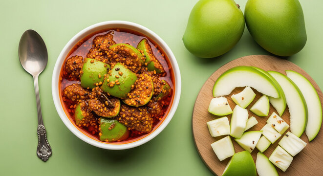 Traditional Indian Raw Mango Pickle (Aam ka Achar) with Fresh Mangoes