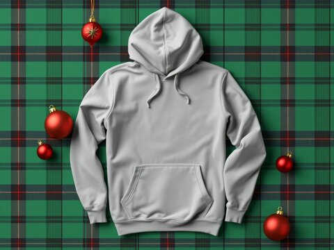 Mockup of a blank grey hoodie on a festive green plaid background