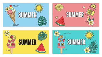 Fototapeta premium Summertime fun and refreshing treats for hot weather - vector illustrations of ice cream, popsicles, fruit, and tropical leaves