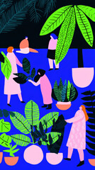 Vibrant Illustration of People Among Tropical Plants, Featuring Bold Colors and a Playful, Modern Aesthetic, Perfect for Home Decor and Creative Projects