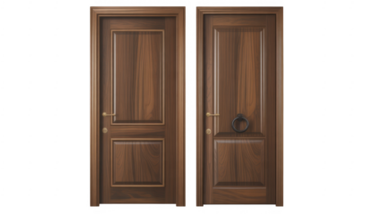 Two wooden doors with brass and iron hardware against black isolated on a transparent background