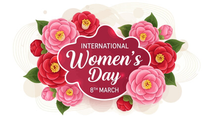 A beautiful floral arrangement of pink and red blooming camellias designed for a festive women's holiday greeting card