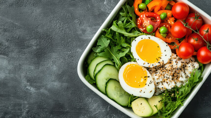 Fresh salad bowl with soft boiled egg, cucumber, cherry tomato, arugula and cottage cheese
