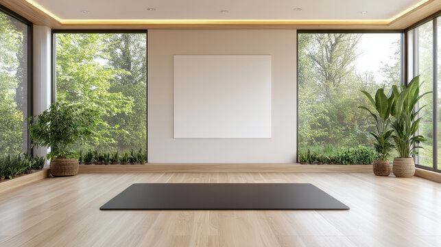 Minimal yoga mat in bright serene living room with large windows and indoor plants
