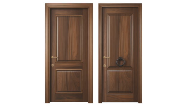 Two wooden doors with brass and iron hardware against black isolated on a transparent background