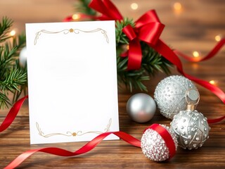 Obraz premium Blank christmas greeting card mockup with silver ornaments and red ribbon