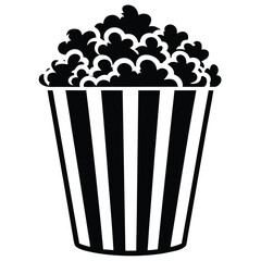Black and white shows a classic striped popcorn bucket fully loaded
