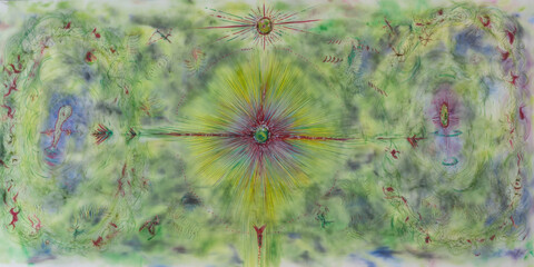 Abstract Watercolor Painting with Radial Symmetry, Green and Red Tones, Surreal Landscape, Dreamlike Art, and Spiritual Symbolism for Creative Backgrounds