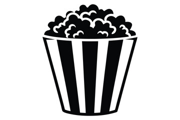 Black silhouette presents a full bucket of appetizing popcorn with white stripes