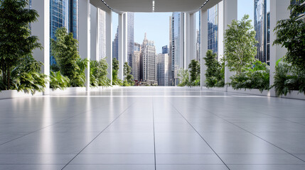 Fototapeta premium Open atrium walkway with city skyline view and lush indoor plants, serene atmosphere