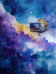 Watercolor Painting of a Futuristic Building Floating in Space with Stars and Clouds, Fantasy Architecture in the Cosmos, Science Fiction Art