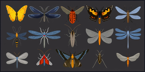 Collection of Colorful Butterflies, Moths, and Dragonflies Illustration on Dark Background, Insect Biodiversity, Entomology Concept, Nature and Wildlife Art