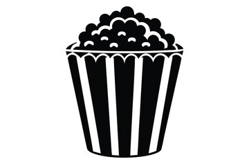 A stark black bucket overflows with classic popcorn against a plain white backdrop