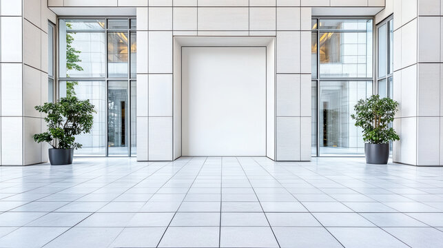 Minimalist modern architecture lobby bright tile floor symmetrical plants calm