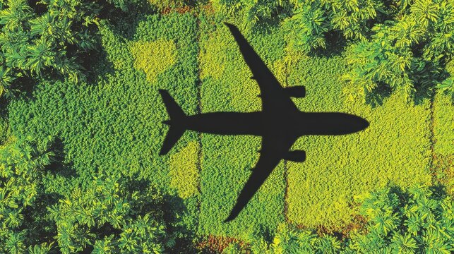 Silhouette Airplane Flying Over Lush Green Canopy Aerial View
