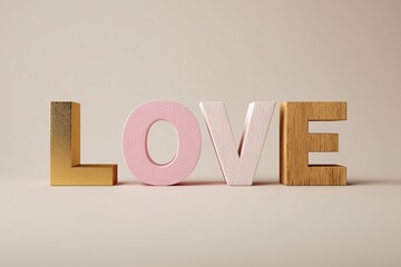Minimalist LOVE letters with mixed textures: brushed metal, pink felt, frosted acrylic, and natural wood on clean cream background.