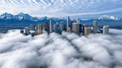 Foggy city skyline with mountains beyond, dramatic morning light and serene mood