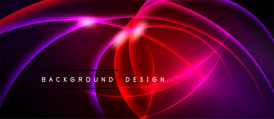 Abstract neon lines create dynamic flow. Vibrant magenta, purple, red hues blend over black background. Modern design element.